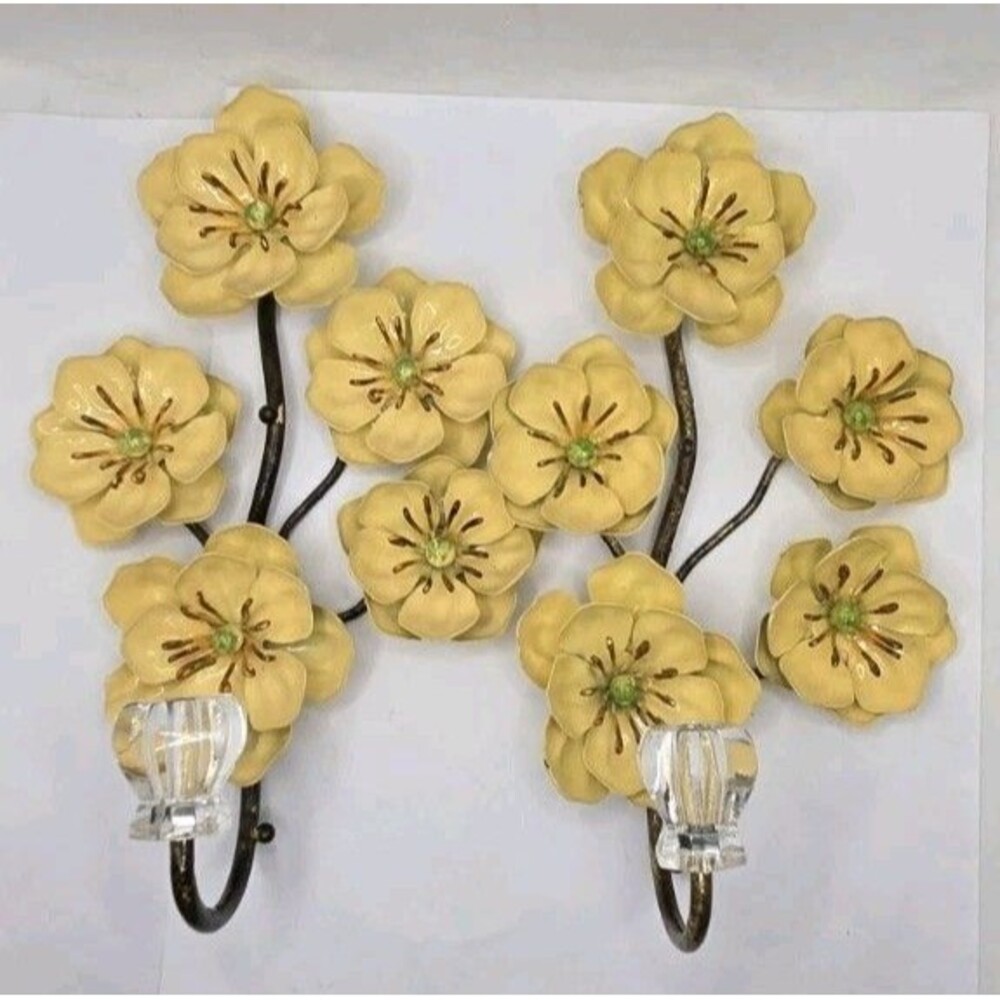 Vintage Cottage Yellow Flower Enameled Metal Wall Hook w/ Crystal Acrylic Knob 2